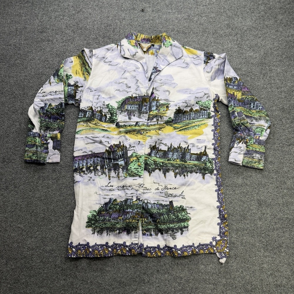 Vintage France Women's Button Up Shirt Paintings City Art Size Large Purple‎